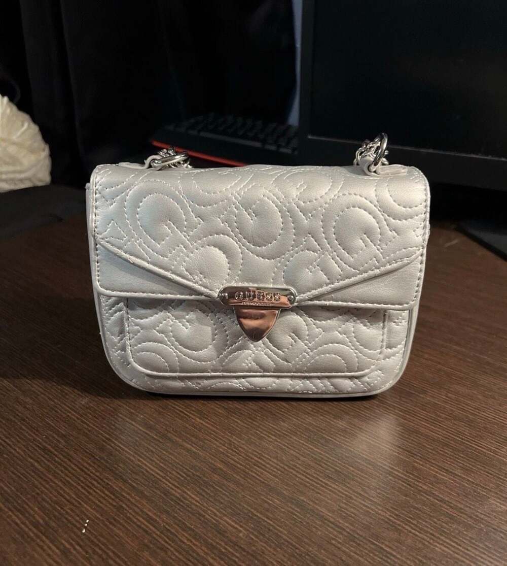 Guess Silver Quilted Logo Mini Crossbody Bag